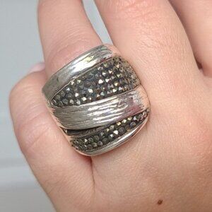 Vintage Chunky Large Sterling Silver Grey Marcasite Crystal Ring Size 7